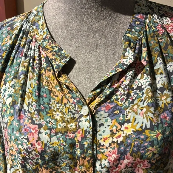 J. Jill Blue Green Floral Boxy Blouse Mandarin Collar, Size Small - Picture 2 of 7
